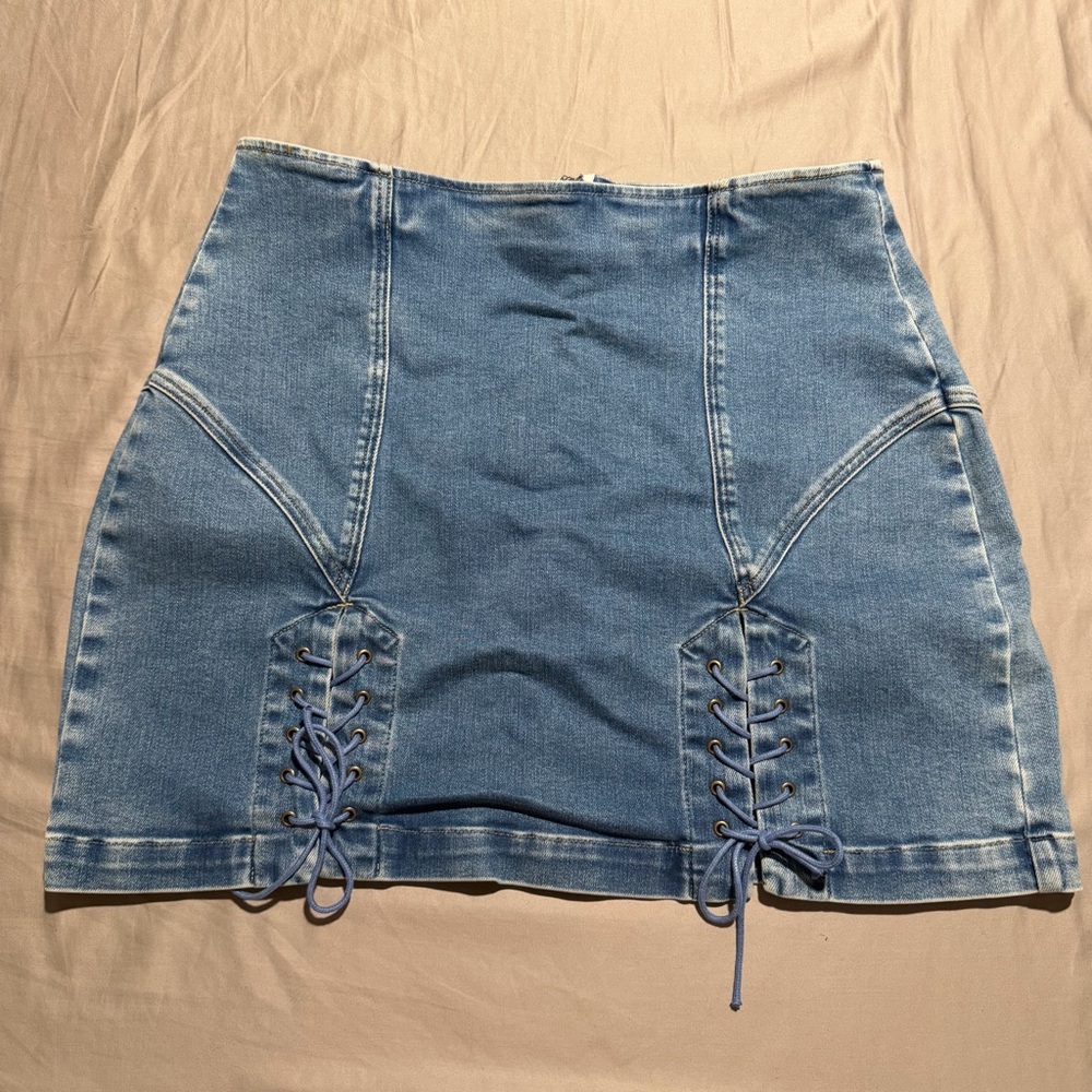 Good American x Dolly Blue Lace-Up Mini Skirt Stretch Denim Women’s 16